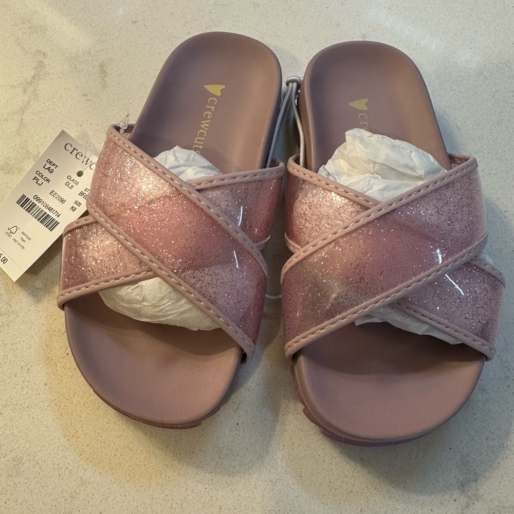 crewcuts J Crew Pink Glitter Cross Strap Pool Slides K8 Sandals Slip‎ Ons New